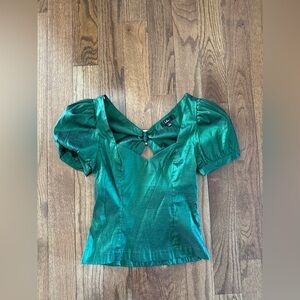 Lulu's Shimmering Emerald Puff-Sleeve Satin Blouse